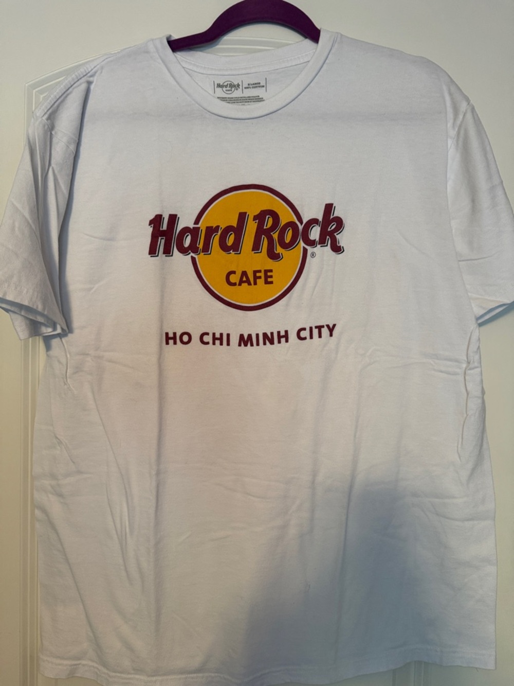 Hard Rock Cafe White T-Shirt with Yellow & Burgundy Logo